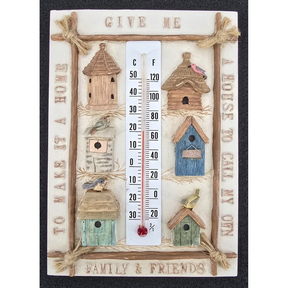 Vtg Roman Inc Birdhouses Thermometer Resin Ivory Multicolor Birds Country Rustic